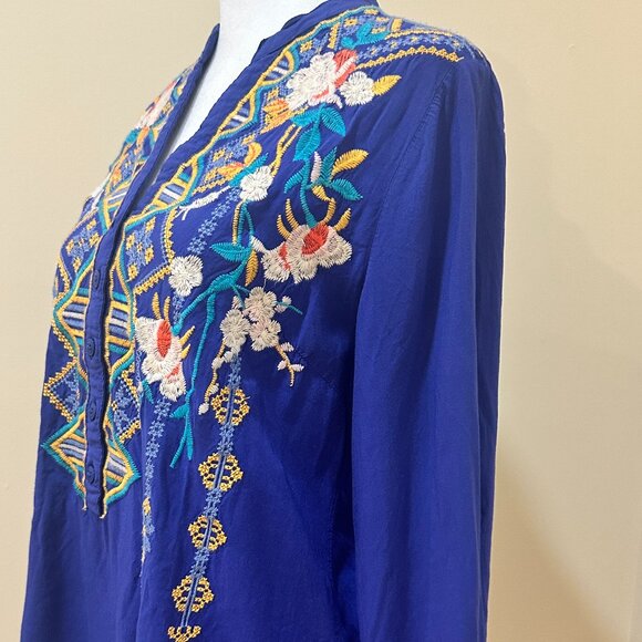 ANTHROPOLOGIE LUNA MOON Floral Embroidered Boho Tunic Royal Blue Sz S - Picture 11 of 14